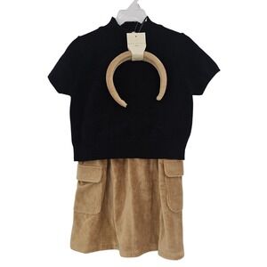 Max Studio Kids Outfit Girls Large Black Sweater Tan Corduroy Skirt Headband Set